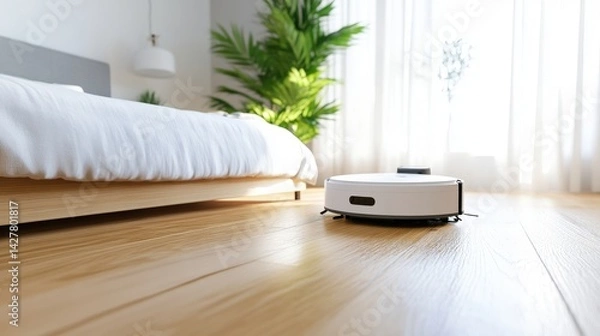 Fototapeta Robotic Vacuum Cleaner Cleaning Hardwood Floor Bedroom