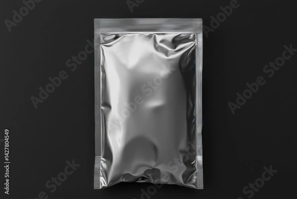 Obraz A plain silver foil pouch stands against a black background in a minimalist layout. This image suits packaging design, product mockups, and food or supplement branding.
