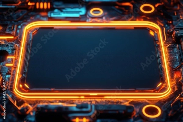Fototapeta A glowing orange frame surrounds a dark center on a high-tech circuit board design. Ideal for technology themes, innovation, AI, or digital user interfaces.