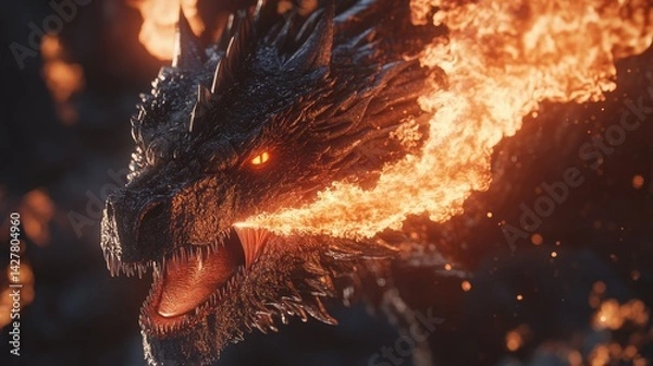 Obraz A fierce black dragon with glowing orange eyes and fiery breath stands on a rugged