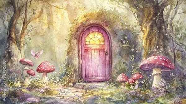 Fototapeta an image of the entrance to a forest with mushrooms and a door leading to a, magic doorway, magical portal gateway