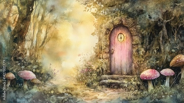 Fototapeta an image of the entrance to a forest with mushrooms and a door leading to a, magic doorway, magical portal gateway