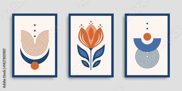 Fototapeta Minimalist wall art set in folk and geometric style. Terracotta and blue abstract prints. Vector illustration. Perfect for modern interiors, posters, boho decor, and Scandinavian-inspired home design.