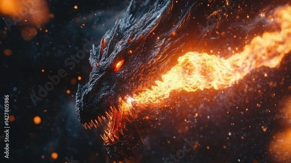 Obraz A fierce black dragon with glowing orange eyes and fiery breath stands on a rugged