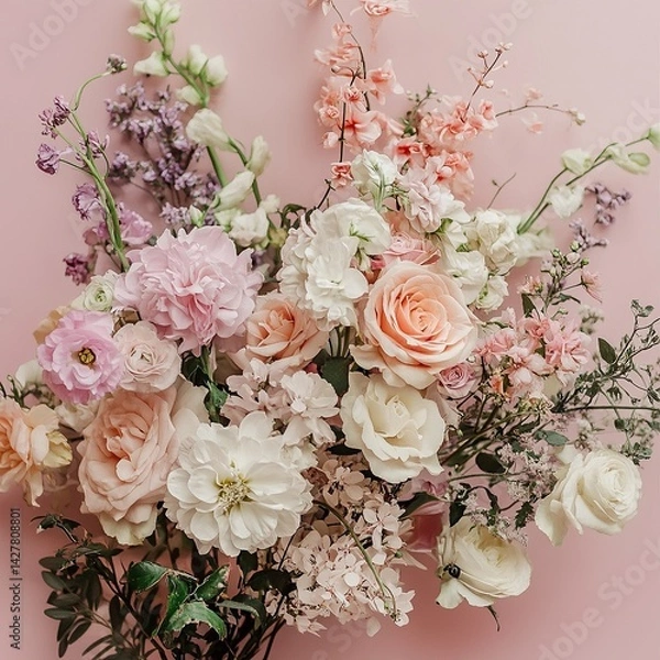 Fototapeta florist branding flyer with elegant bouquets and soft pastel colors