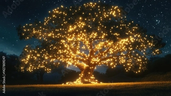 Fototapeta an image of a tree lit up at night with stars in the sky above it