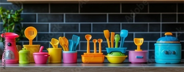 Obraz Toy kitchen set with mini utensils, vibrant colors