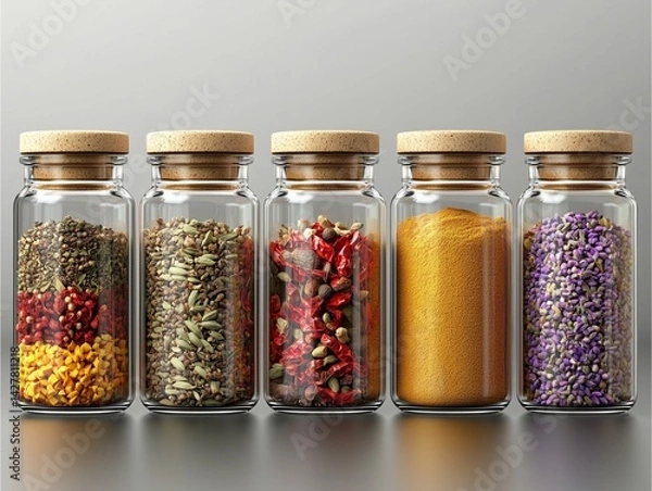 Obraz Transparent glass jars with colorful spices, vivid contrast