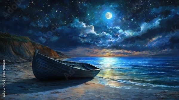 Obraz A serene night scene depicting a wooden rowboat resting on the shore