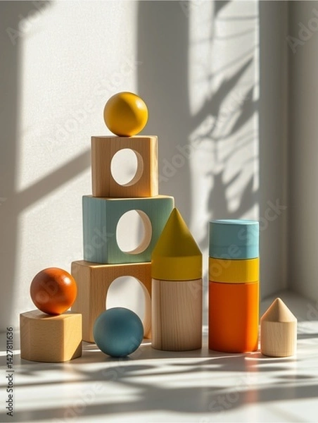 Fototapeta Wooden educational toys on a white floor, pastel tones, realistic wood grain