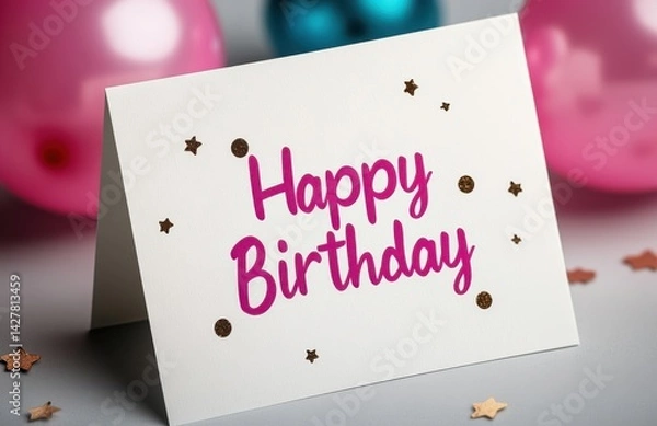 Fototapeta A beautiful birthday card with the inscription "Happy Birthday" on it, with balloons, pastel colors, minimalistic design, simple layout, white background, light gray background, mockup template