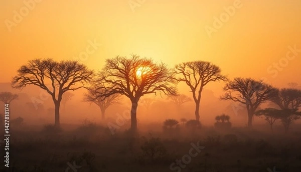 Obraz Serene african savanna sunrise with trees silhouetted in the hazy golden light