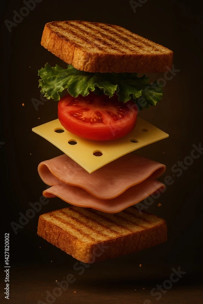 Obraz Levitating fast food sandwich with grilled bread, ham, cheese, tomato, and lettuce. A stylish, mouth-watering snack concept on a dark background. Perfect for ads, menus, and food branding