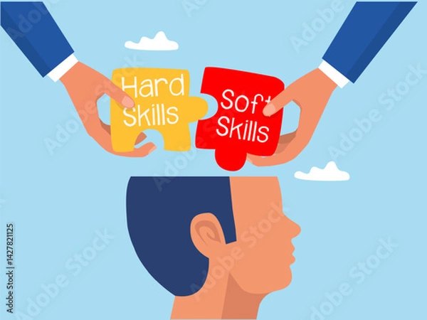 Fototapeta Put the skill into the brain,Business Giant Hand holding two pieces between Hard VS Soft Skills Concept on big head human Idea Development ,Multiple Intelligences Vector Illustration
