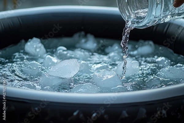 Fototapeta hands with glass jug fill a barrel with water and ice. Cold therapy, wellness and recovery routine. Relaxation and detox concept