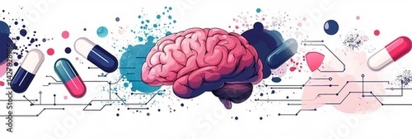 Fototapeta brain health and medicine research concept with pills and digital graphics