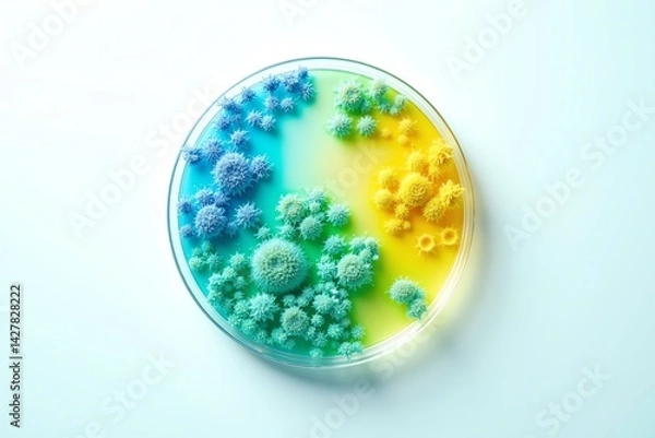 Fototapeta A top view of a petri dish with simple colorful bacteria colonies, well-lit, isolated on a white background, clean lab style