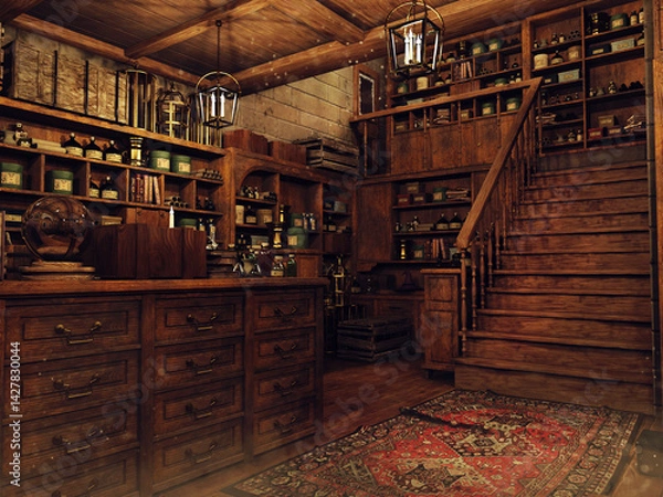 Fototapeta Medieval magic shop with potions, books and spells, with a wooden counter and shelves. Made from 3d resources and painted elements. No AI used. 