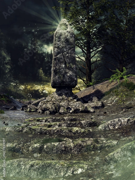 Fototapeta Fantasy ancient monolith made of stone, radiating light, standing in a dark green forest. Made from 3d resources and painted elements. No AI used. 