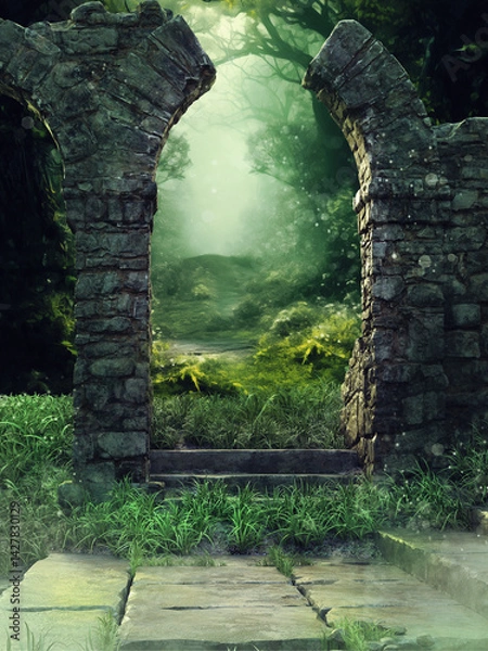Fototapeta Old ruined stone gothic gate with a foggy green meadow and trees behind it. Made from 3d resources and painted elements. No AI used. 