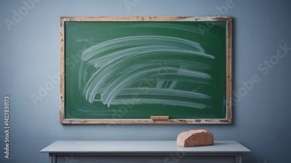 Fototapeta Green Chalkboard with White Erasure Marks and Eraser on Desk