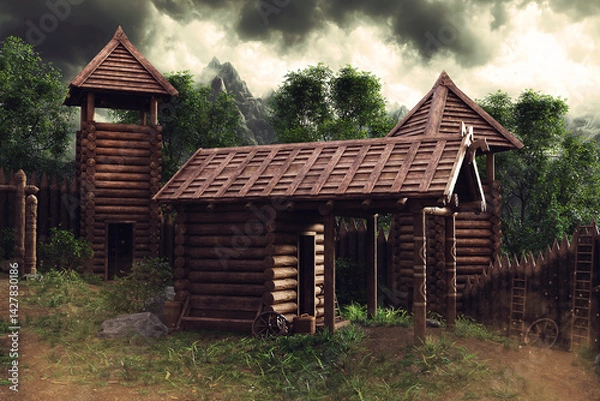 Fototapeta Old medieval wooden shed in a fantasy village, with a tower in the back and wooden fence. Made from 3d resources and painted elements. No AI used. 