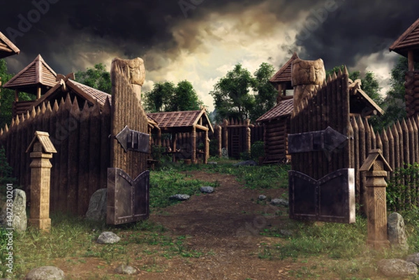 Fototapeta Wooden gate to an old medieval fantasy village, with wooden houses and green trees in the background. Made from 3d resources and painted elements. No AI used. 