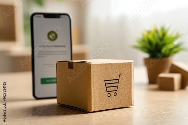 Fototapeta Online purchase confirmation displayed on a phone next to a delivery package.