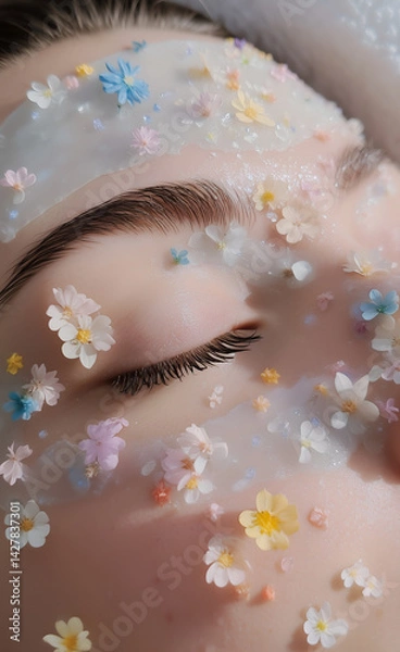 Fototapeta Close-up photo  of a young woman with a facial mask applied with colorful flowers. The concept of natural, eco-friendly cosmetics. Healthy skin, skin care, anti-aging cosmetics.