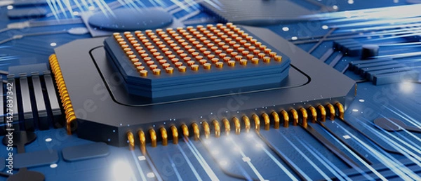 Obraz A computer motherboard chip is shown in a blue background with a white outline