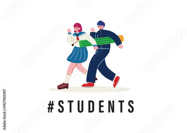 Fototapeta 大きな鉛筆を運ぶ制服を着た男女の学生