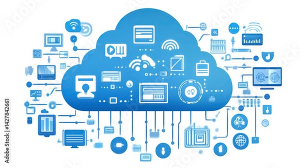 Obraz Cloud computing and social network concepts merge with technology icons in a web of digital communication and data exchange