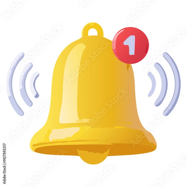 Fototapeta Reminder popup bell notification alert or alarm icon sign or symbol for application website ui on yellow background 3d rendering illustration