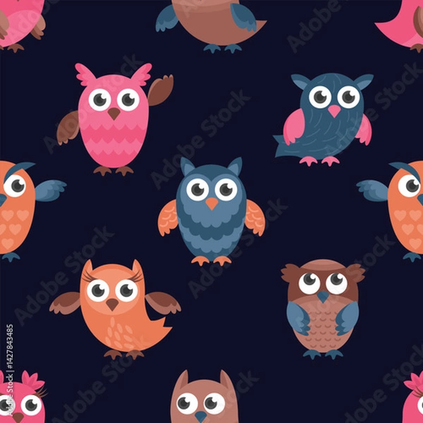 Fototapeta Seamless vector pattern featuring stylized owls in a modern, whimsical design. Perfect for textiles, wallpapers, wrapping paper, and digital backgrounds. Fully editable, scalable, ideal for nature