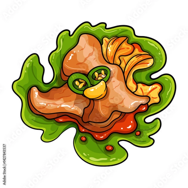 Fototapeta Korean Beef Bulgogi Lettuce Wraps Top View Food Illustration Vector.
Beef Bulgogi Lettuce Wraps Top Menu Icon.
Korean Grilled Pork Lettuce Vector Icon. 
Korean Beef Lettuce Wraps Healthy Vector.