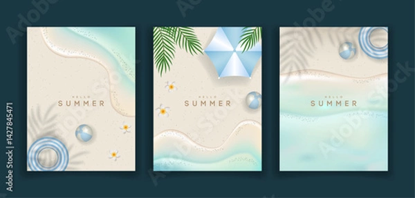 Fototapeta Summer top view greeting card set with swim ring, beach ball, umbrella and palm leaves. vector illustration.