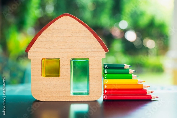 Fototapeta A model of a house with colored pencils ranging from green to red representing the energy levels in the house.Energy Efficiency Rating And House concepts.