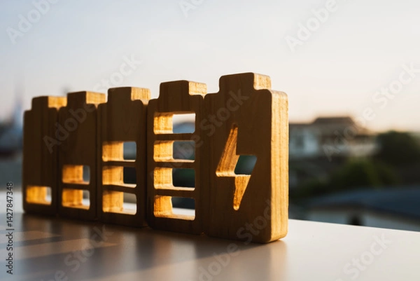 Fototapeta Battery charge indicator wood model. Phone charge level. Concepts of battery charge indicators through mesmerizing photographs. Unleash the power, technology, and innovation of these digital icons.