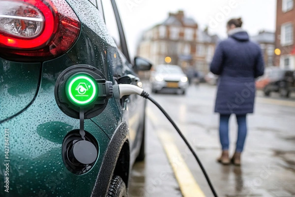 Obraz Plugged-in electric car charger with illuminated green indicator, close-up of charging connection