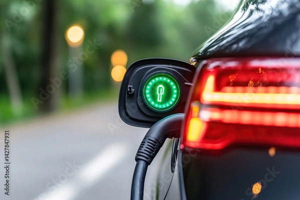 Obraz Plugged-in electric car charger with illuminated green indicator, close-up of charging connection