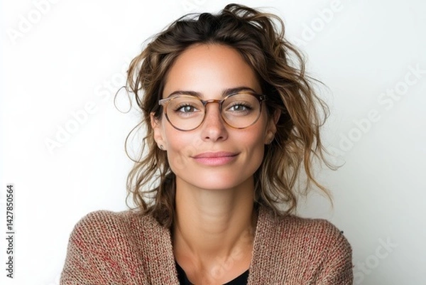 Fototapeta  Portrait of a librarian in a cardigan and glasses, isolated on white background