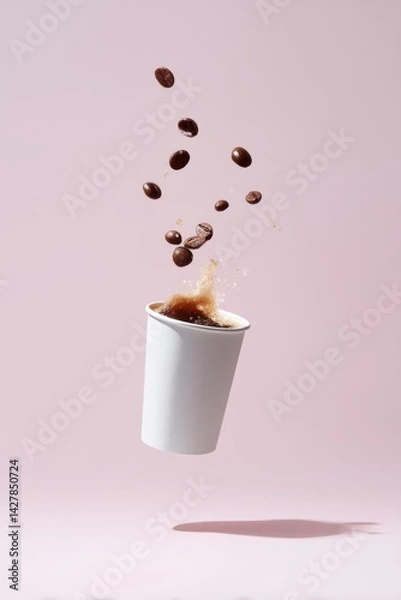 Fototapeta coffee in a paper cup floats in the air, coffee spills out of it