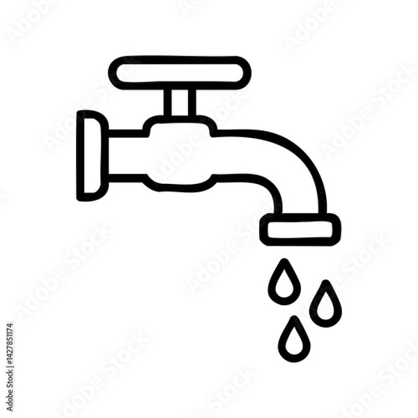 Fototapeta Black line art of a water faucet with dripping drops, symbolizing plumbing, hygiene, water usage, conservation, or bathroom-related themes.