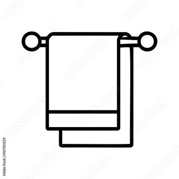 Fototapeta Black line art of a towel hanging on a rack, perfect for bathroom signage, hygiene concepts, or home and hospitality visuals.