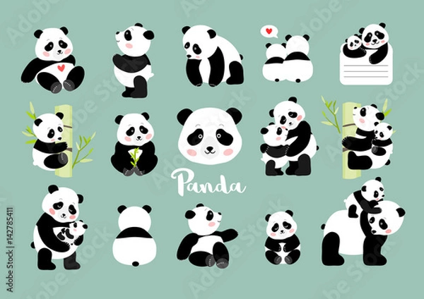 Obraz Zestaw figurek Panda, ilustracji wektorowych na białym tle