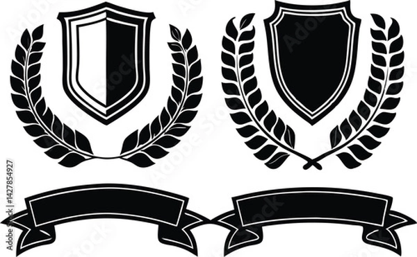 Fototapeta Black Shields and Banners Laurel Wreath Elements vector illustration