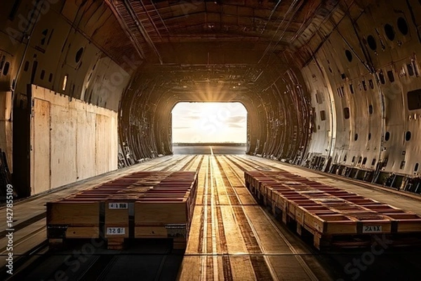 Obraz Wooden crates waiting for loading into the spacious belly of a large cargo plane, illuminated by the warm, golden light of the setting sun, create a serene atmosphere in the hangar