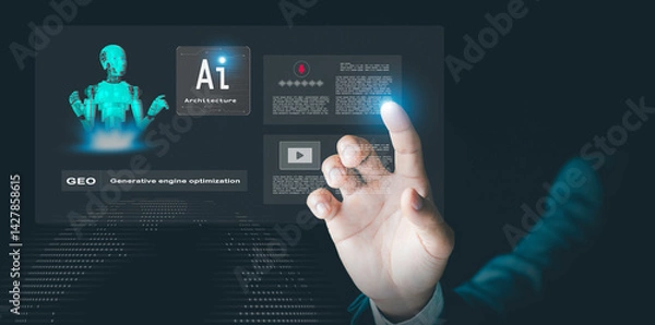 Obraz Ai architecture concept. GEO generative engine optimization, Businessmen use agentic AI to rank search engines, data analysis, with assistants, Artificial Intelligence technology, internet chatbot