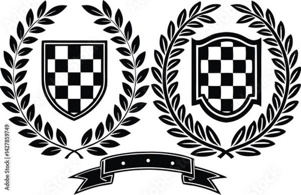 Obraz Black and White Racing Flags with Laurel Wreath Shields vector illustration 