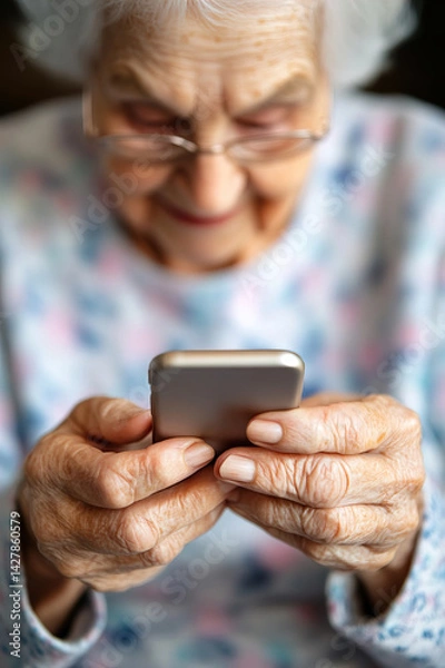 Fototapeta Close-up of elderly hands adjusting font size on smartphone using accessibility settings for easier reading